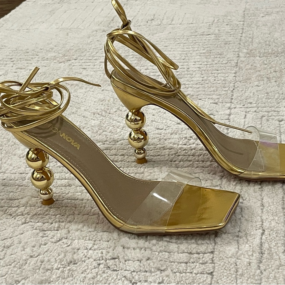 Gold Strappy Heels with Clear Accents